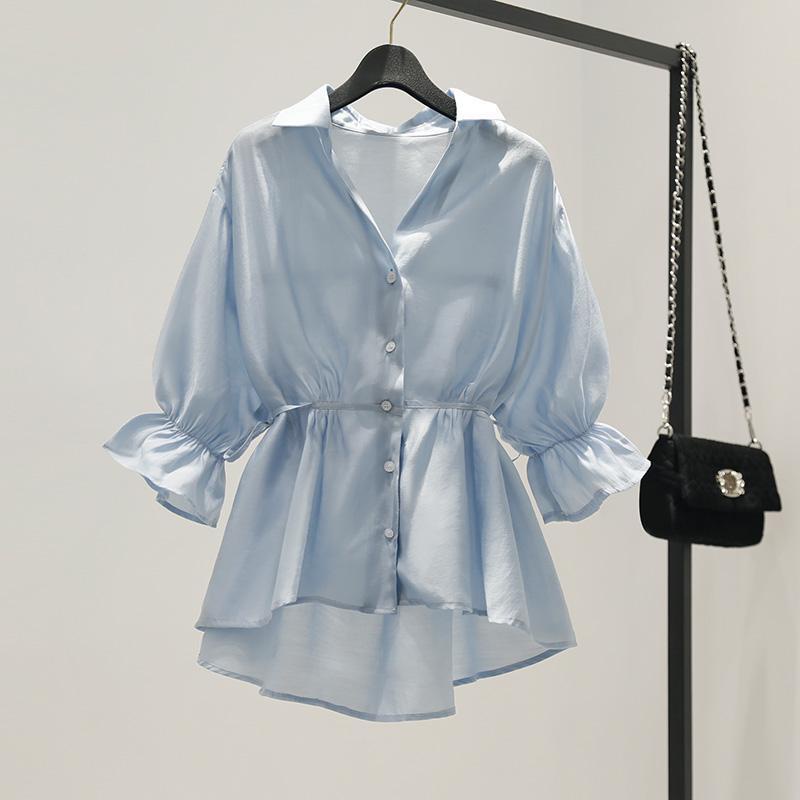 Áo Sơ Mi Chiffon Tay Ngắn Phong Cách Thời Trang Hàn Quốc 163241 Áo Sơ Mi Cardigan Cổ Chữ v Chiết Eo Phối Chân Váy Thời Trang Xinh Xắn