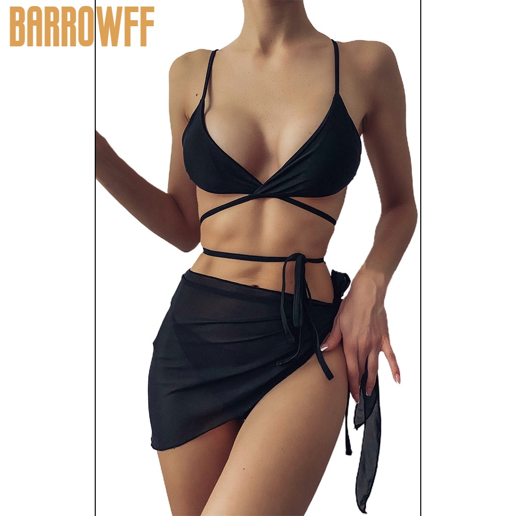 Bộ đồ bơi 3 mảnh phối dây đan chéo màu đen phong cách gợi cảm thời trang cho nữ