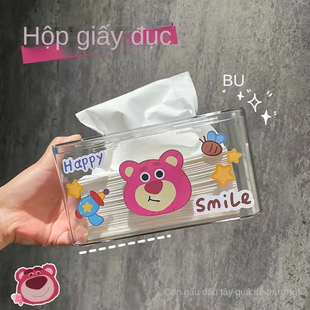 Hộp Đựng Khăn Giấy 01 Ngăn Bằng Acrylic Trong Suốt Hình Gấu Và Dâu Tây Dễ Thương Sáng Tạo