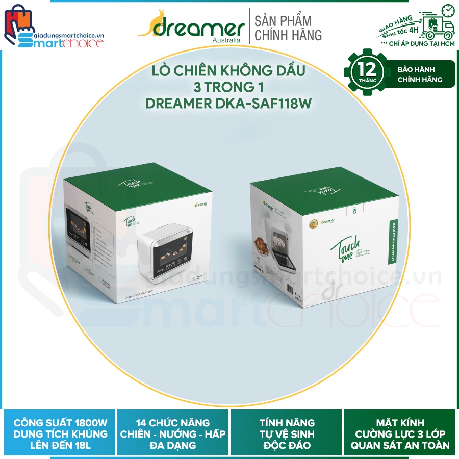 Lò chiên hơi nước 3 trong 1 Dreamer DKA-SAF118W, Chiên - Nướng - Hấp, Điều khiển cảm ứng, Công suất 1800W, Tự vệ sinh