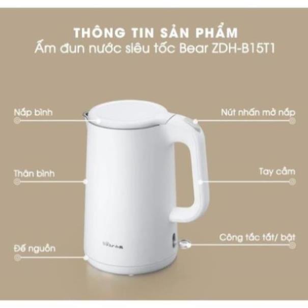 Ấm Siêu Tốc Bằng Điện, Bình Đun Nước Sôi Siêu Tốc, Ấm Nấu Nước Siêu Tốc  Bằng Điện_ 1.5L_BEAR_ ZDH-C15C1_.Bảo hành 1 Năm