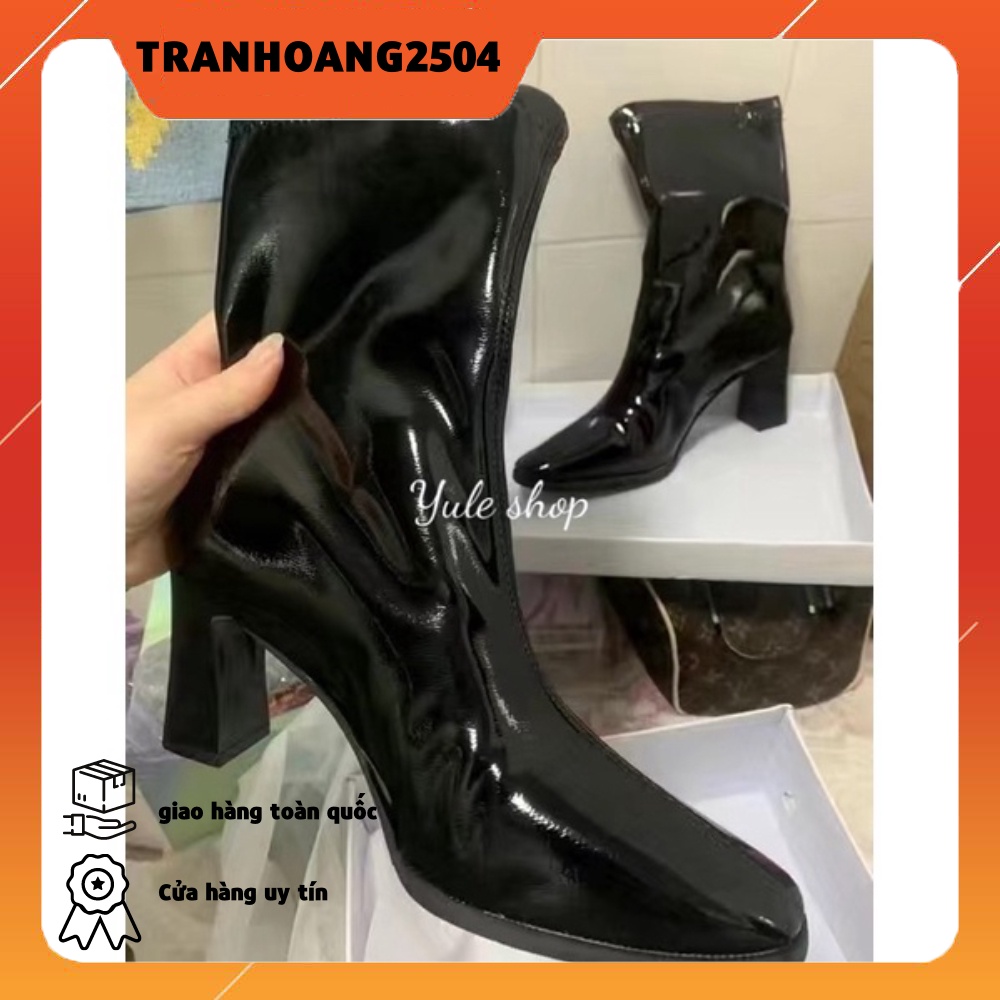 Bốt nữ cổ lửng da bóng đế trụ nâu cao 7p dễ đi