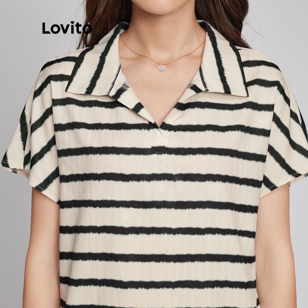 Áo cổ kiểu Lovito họa tiết sọc phong cách thường ngày L26LD024 (màu trắng ngà)
