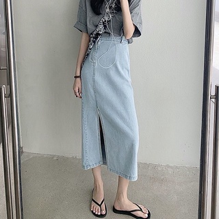 Chân váy bò dáng dài xẻ tà basic