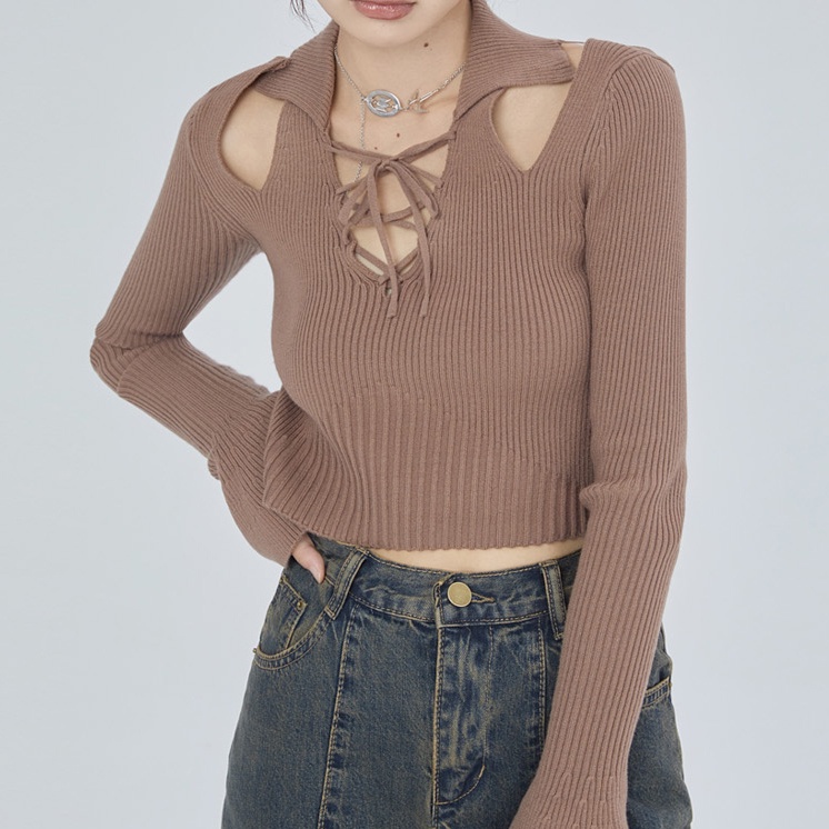 SUXI Áo Sweater Dệt Kim Tay Loe Dài Cổ Chữ V Thiết Kế Trễ Vai Thời Trang Thu Đông Cho Phái Nữ