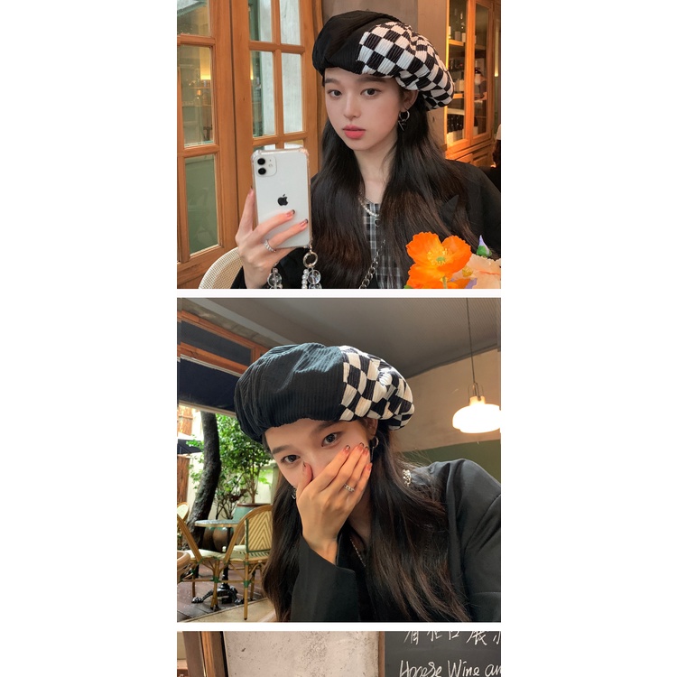 Nón Beret Họa Tiết Caro Màu Sắc Tương Phản Thời Trang Hàn Quốc Cho Nữ