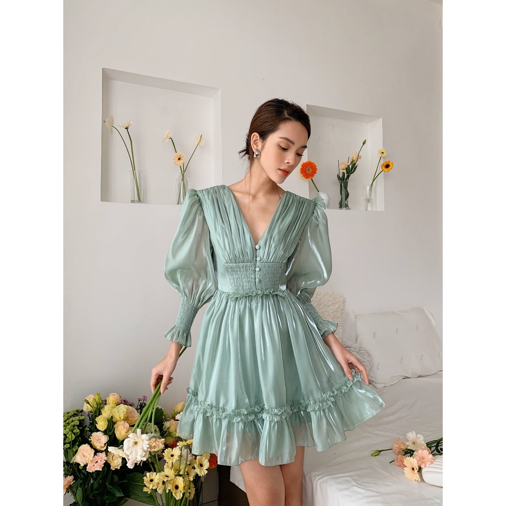 [Mã WABRWA15 giảm 15% đơn 300K] MOLLYNISTA- Đầm Emila organza xanh ngọc nhúm ngực tay dài | BigBuy360 - bigbuy360.vn