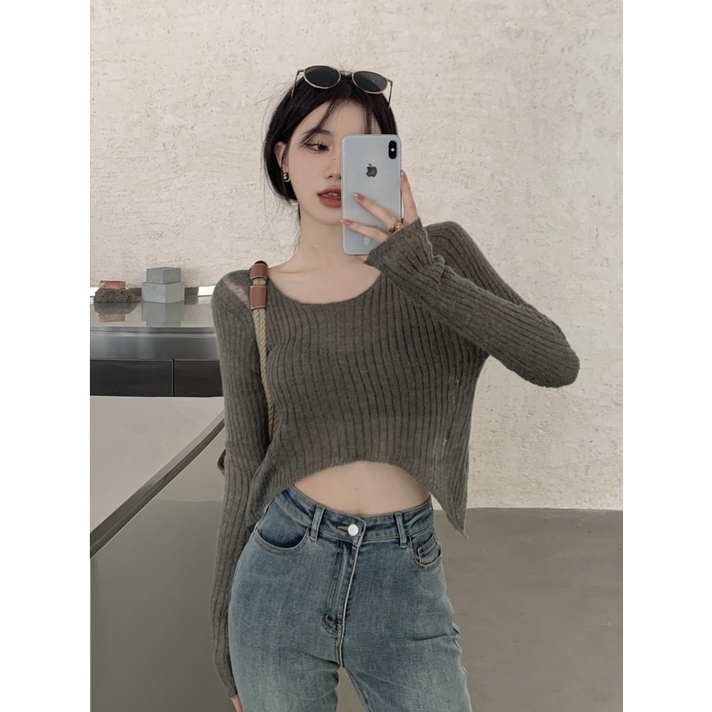 HUANG YOYO  Áo Thun Nữ Dài Tay Cổ Tròn Thời Trang Hàn