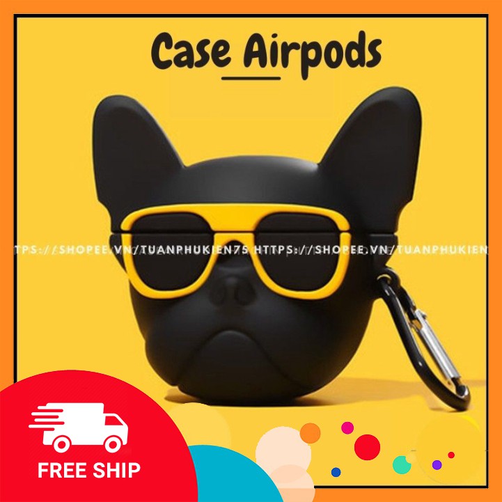 Airpods Case ⚡ Freeship ⚡ CHÓ PITBULL NGẦU KÍNH VÀNG Case Tai Nghe Không Dây Airpods 1/2/i12/Pro -