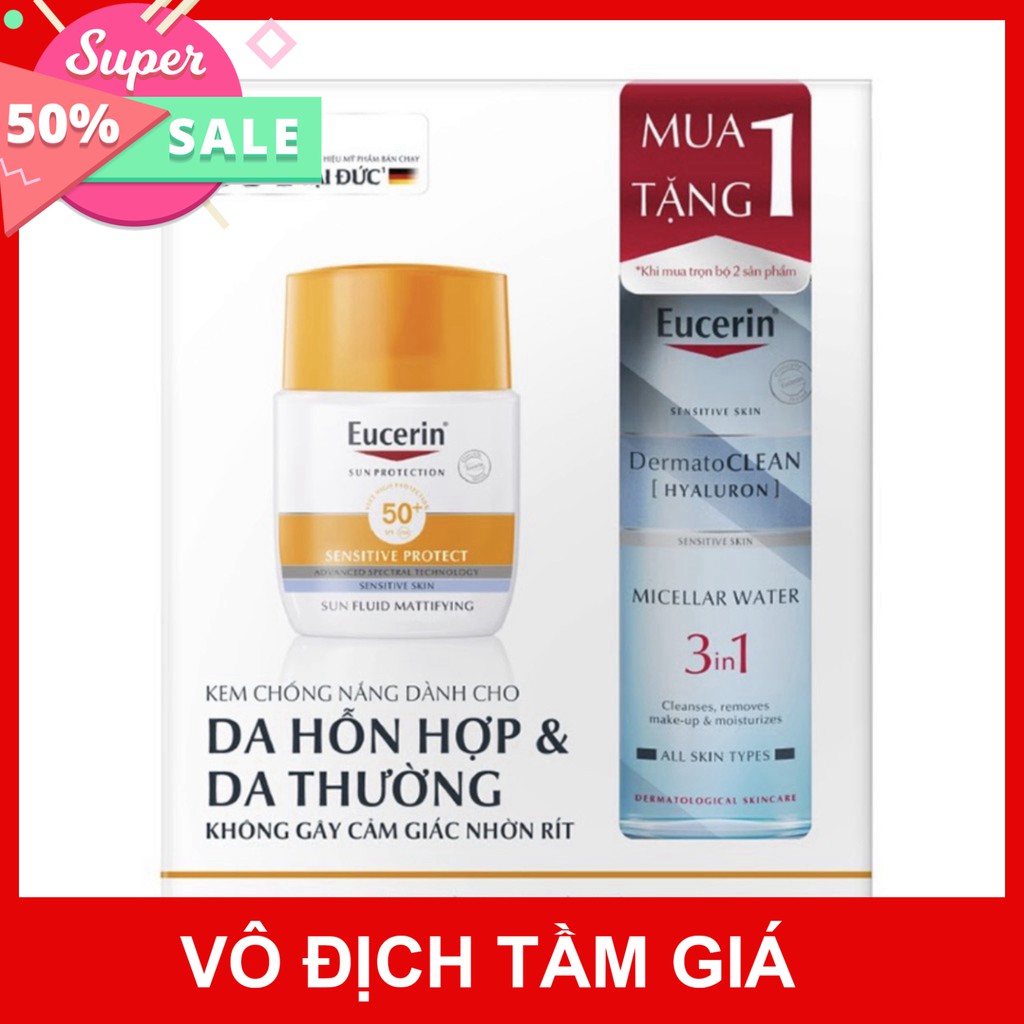 [CHÍNH HÃNG] Kem chống nắng Eucerin cho mọi loại da Sun Mattifying Fluide SPF50+ tặng tẩy trang cho da nhạy cảm 200ml