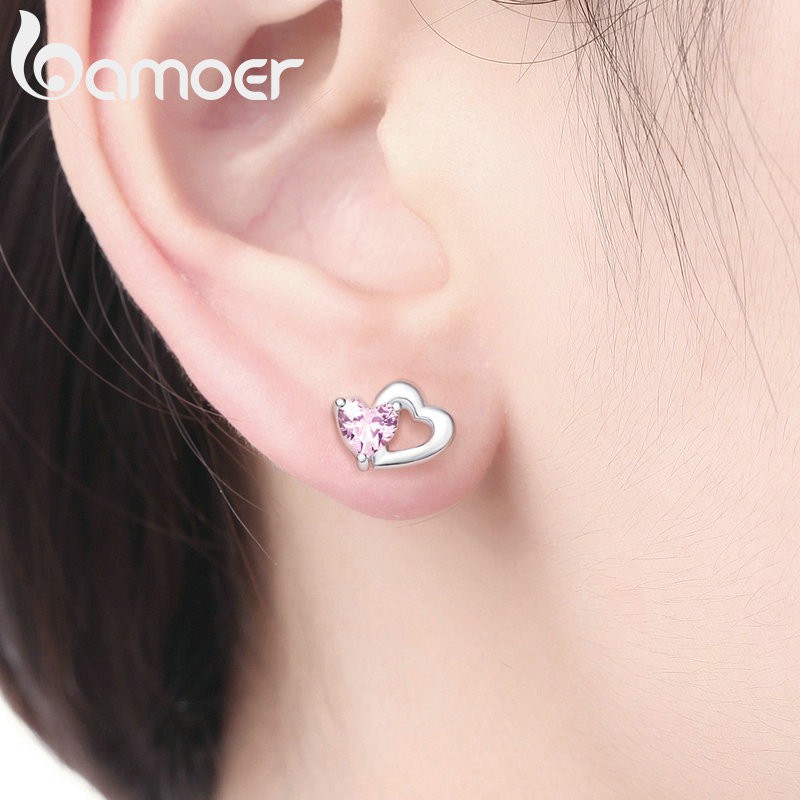Đôi Bông Tai Bamoer SCE090 Hình Trái Tim Đính Đá CZ Thời Trang Thanh Lịch Cho Nữ