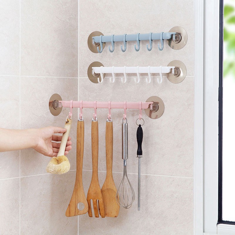 6 hooks Bathroom Wall Organizer Hooks/ Towel Holder Key Hooks/ Pvc Suction Cup Hook  Towel Hanger/ Kitchen Multi-functional Storage Rack/ Bathroom Holder Accessories