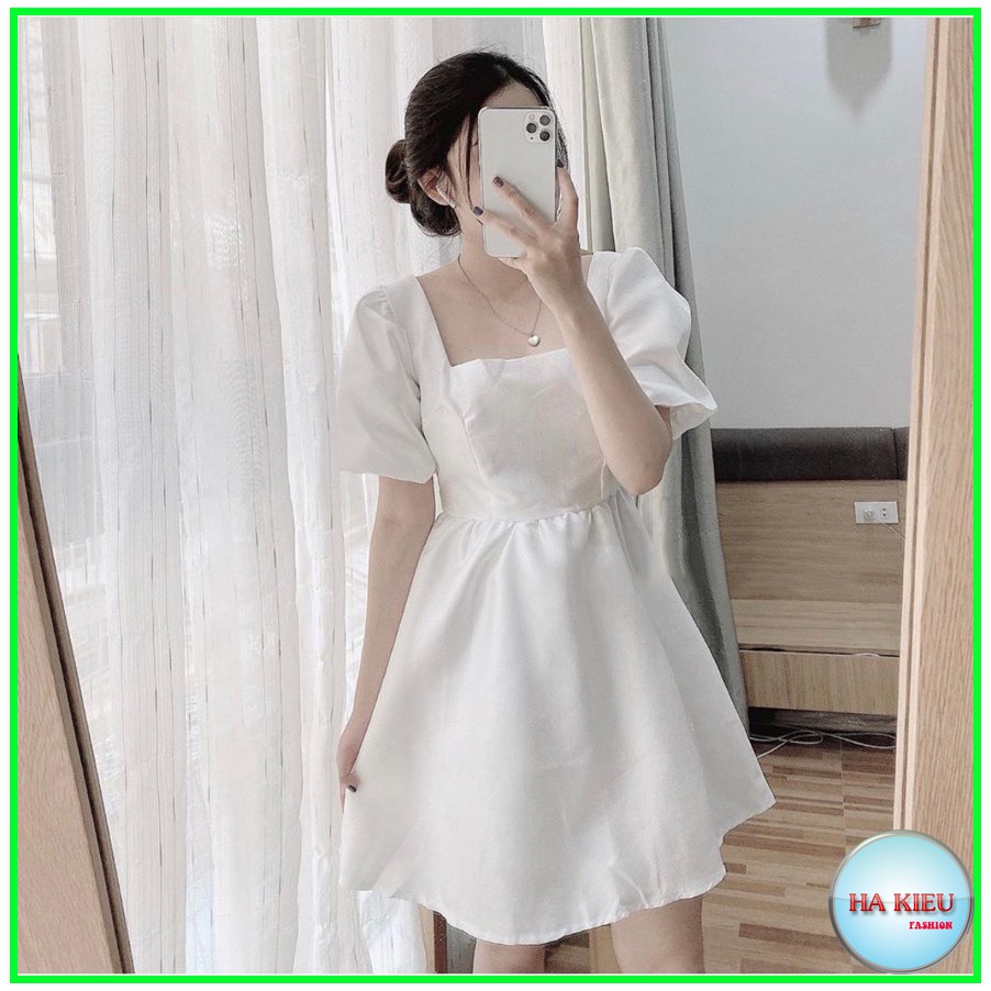Đầm váy nữ dự tiệc trắng cổ vuông tay xòe chất Lụa mịn siêu xinh đẹp QD MT025