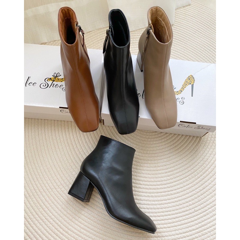 Giày boots nữ cao gót mũi vuông cổ ngắn thời trang gót vuông 5cm