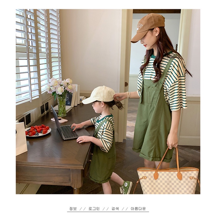Set Áo Thun Tay Ngắn Kẻ Sọc + Quần Yếm Denim Thời Trang Hàn Quốc 2022 Cho Mẹ Và Bé