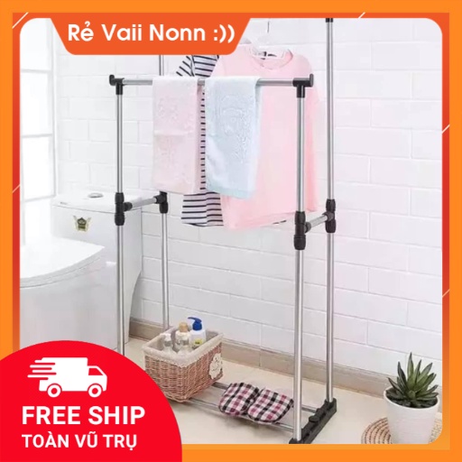 Cây phơi đồ inox 2 tầng thông minh có bánh xe di chuyển  - Siêu tiện lợi - tháo lắp đơn giản