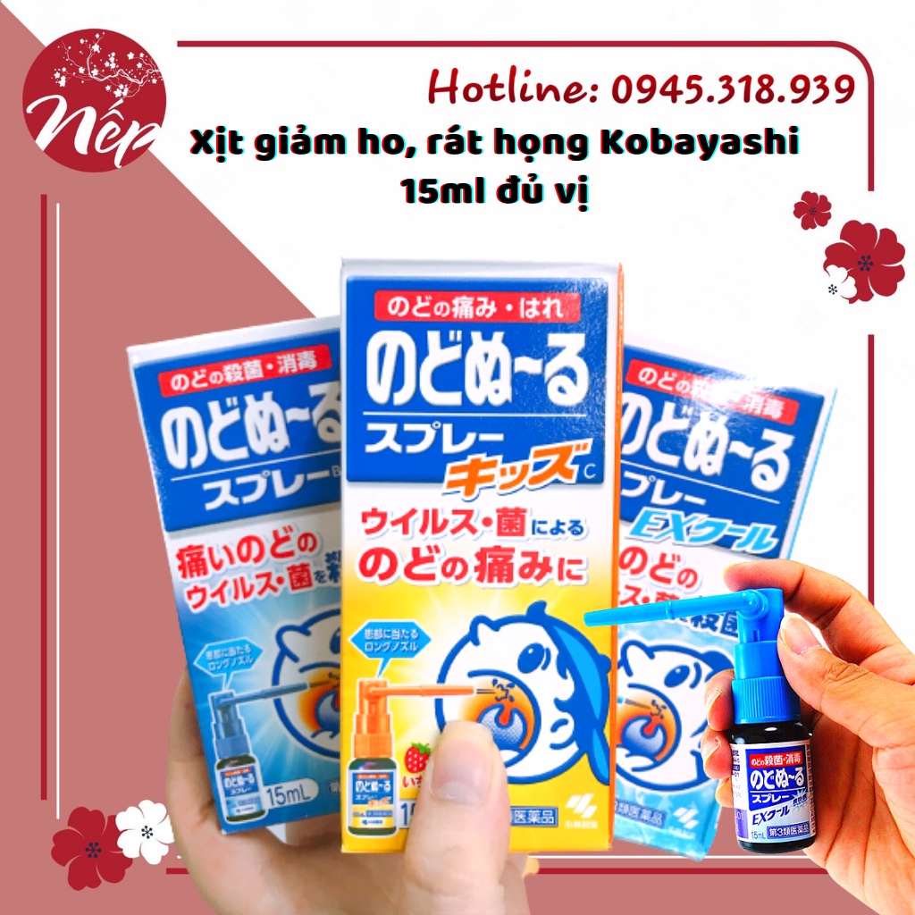 Xịt giảm ho, rát họng Kobayashi 15ml đủ vị