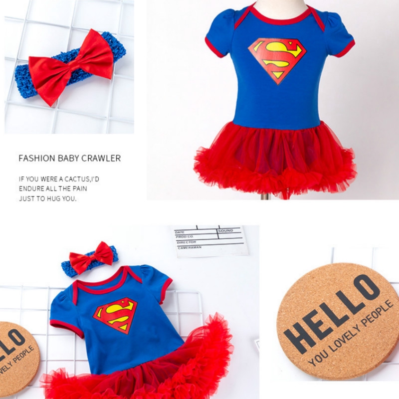 Bộ 2 Món Áo Liền Quần Tay Ngắn + Băng Đô Vải Cotton In Hình Superman Dễ Thương Cho Bé Gái 0-2 Tuổi