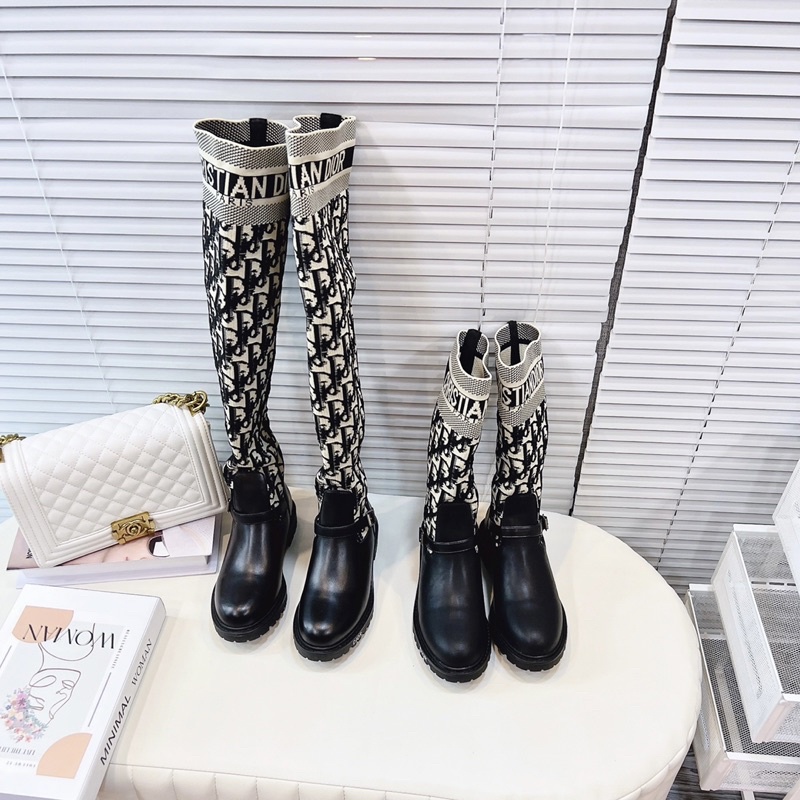 giày boot nữ di.o.r bốt len đế 5cm cổ cao ôm fullbox