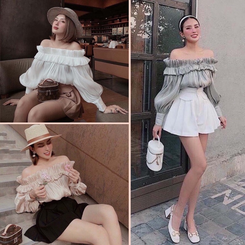 ✒☏℗Áo trễ vai hở tay bồng nữ dài nhún bèo bo chun phồng vải tơ óng nhũ Korea cực đẹp đủ 4 màu Ảnh thật 100%