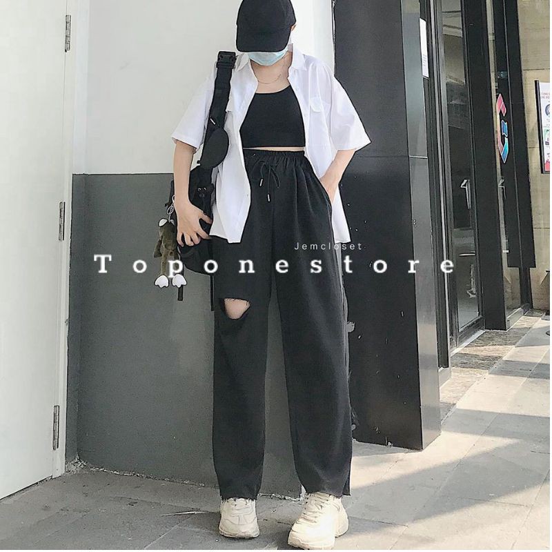 Quần ống rộng rách đùi lai tưa Unisex- Quần nỉ bo chun dáng rộng phong cách ullzang quần cá tính