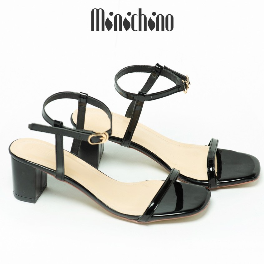Giày sandal nữ quai mảnh gót cao 5cm MINICHINO gót vuông hở mũi phối dây thời trang màu đen TC003