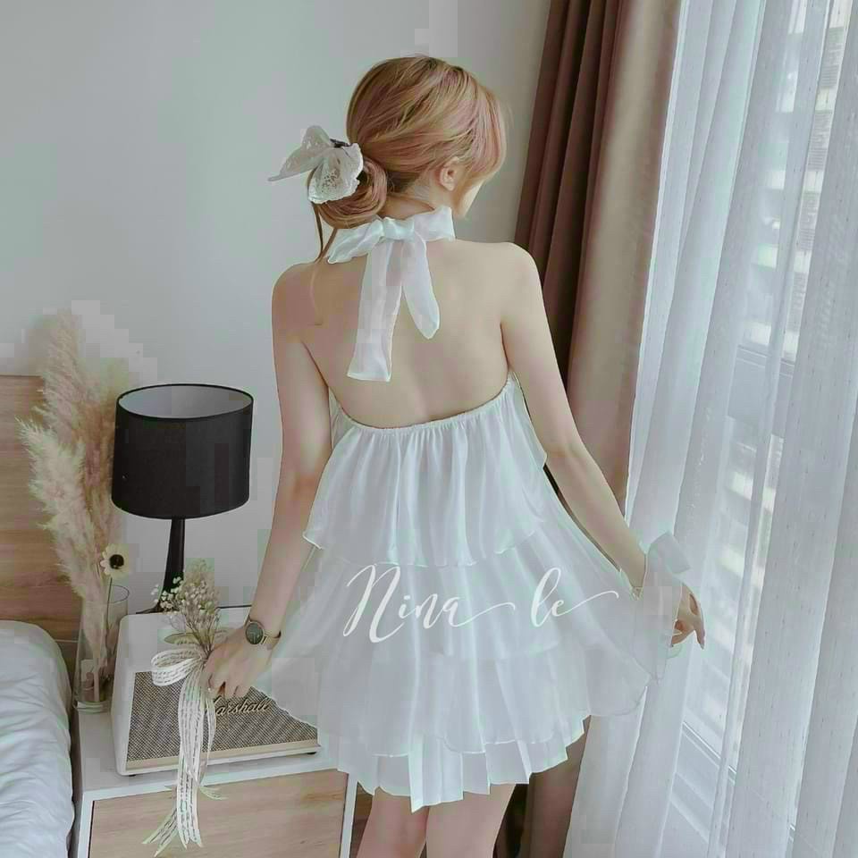 (FreeShip 2022) Đầm nữ đi chơi,đầm thiết kế tầng cột yếm cổ chất tơ mềm mát,tone màu trắng sang chảnh hàng chuẩn shop