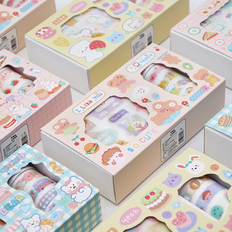 Hộp 5 cuộn washi tape + 9 tờ sticker Băng dính washi tape nhiều hình cute dễ thương CREAMY WST130