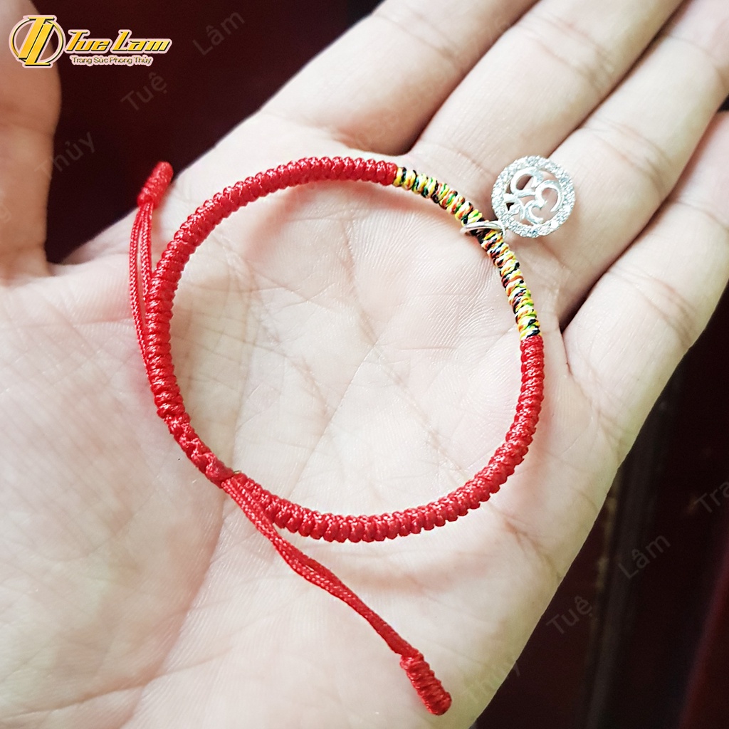 Vòng tay chỉ may mắn bện chỉ các màu mix charm bạc OM bình an - Tuệ Lâm