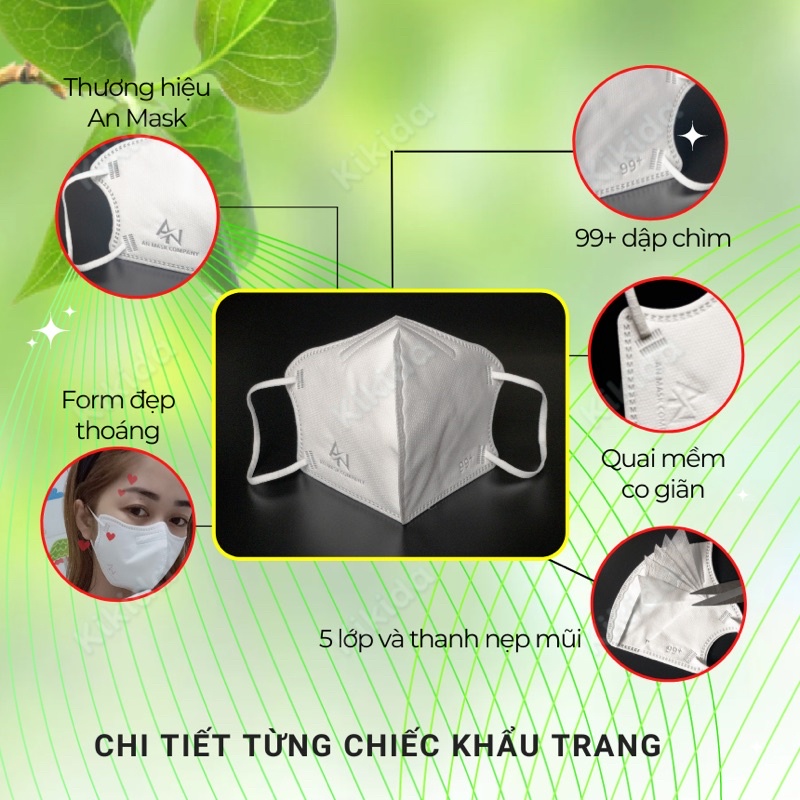 Khẩu trang kháng khuẩn N99+ 3d, 5 lớp AN MASK PRO chống bụi mịn, kiểu dáng ôm gọn mặt thoáng đẹp - Không dây rút