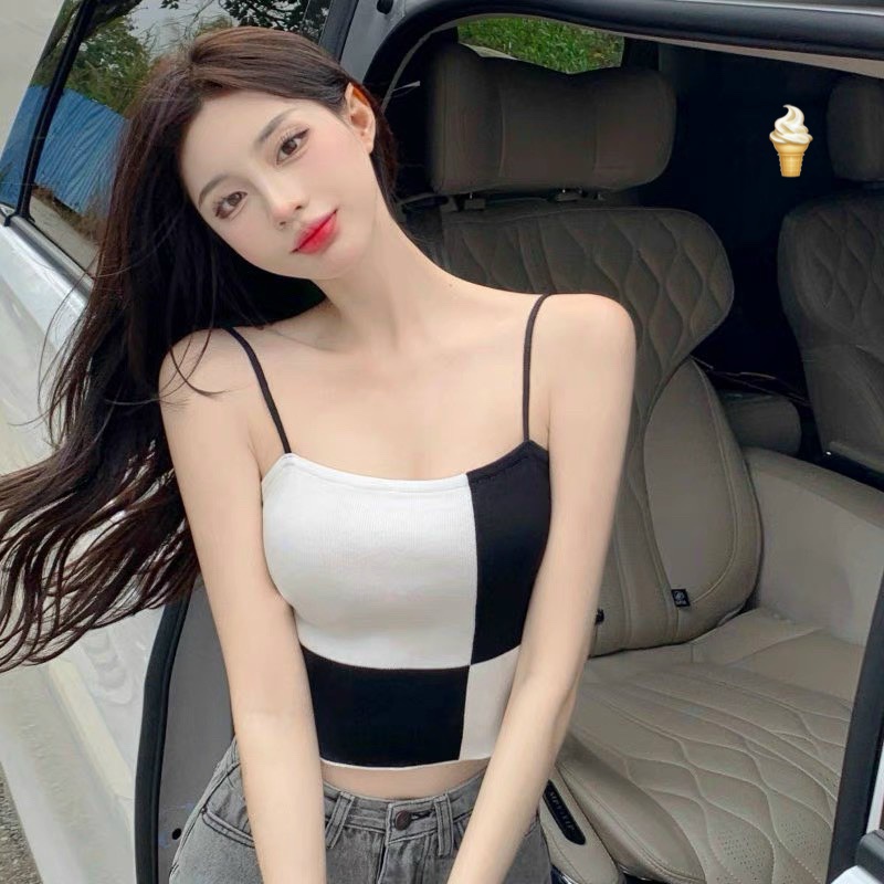 Áo kiểu nữ 2 dây bún phối màu đen trắng cá tính chất thun bozip