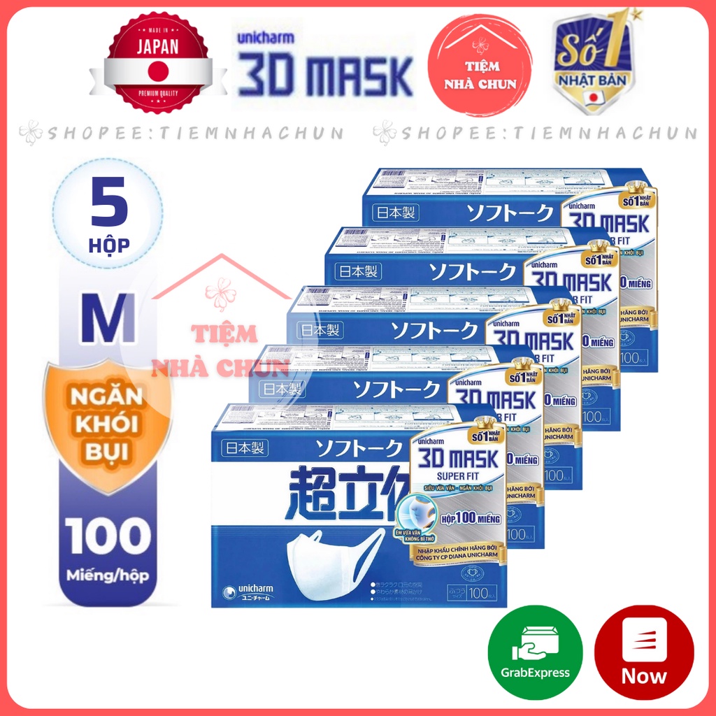 SET 5 HỘP Khẩu trang Unicharm 3D Mask Super Fit Nhật Bản ngăn khói, bụi mịn hộp 100 miếng