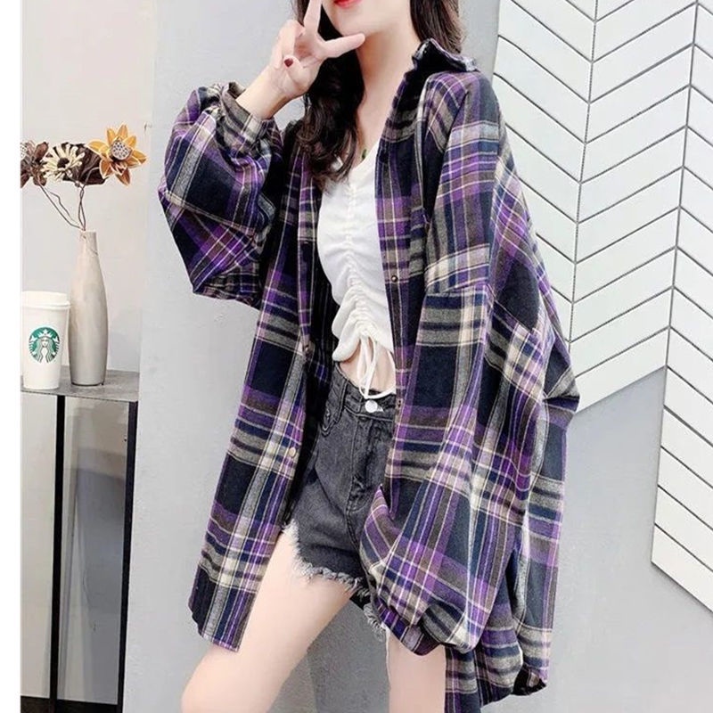 Áo sơ mi caro tay dài dáng rộng thiết kế mới phong cách retro Hàn Quốc