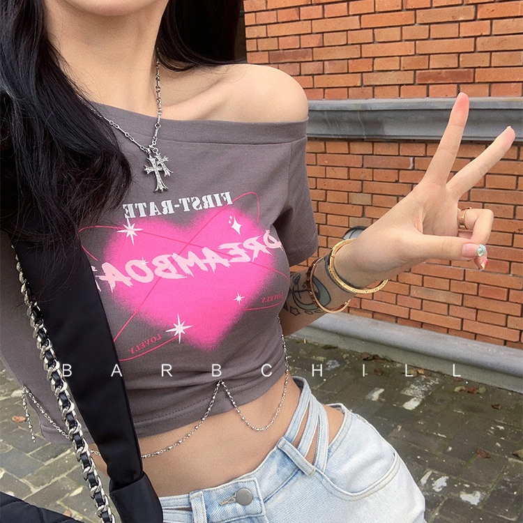 COZOK Áo Croptop Trễ Vai Tay Ngắn Hoạ Tiết Trái Tim Phong Cách Vintage