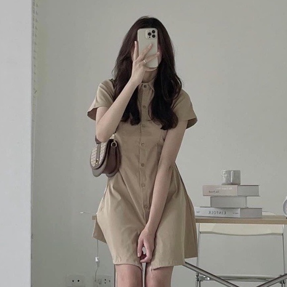 Váy sơ mi nữ basic ngắn tay chiết eo lưng chun chất kaki thô hàng đẹp PANOSI - V282