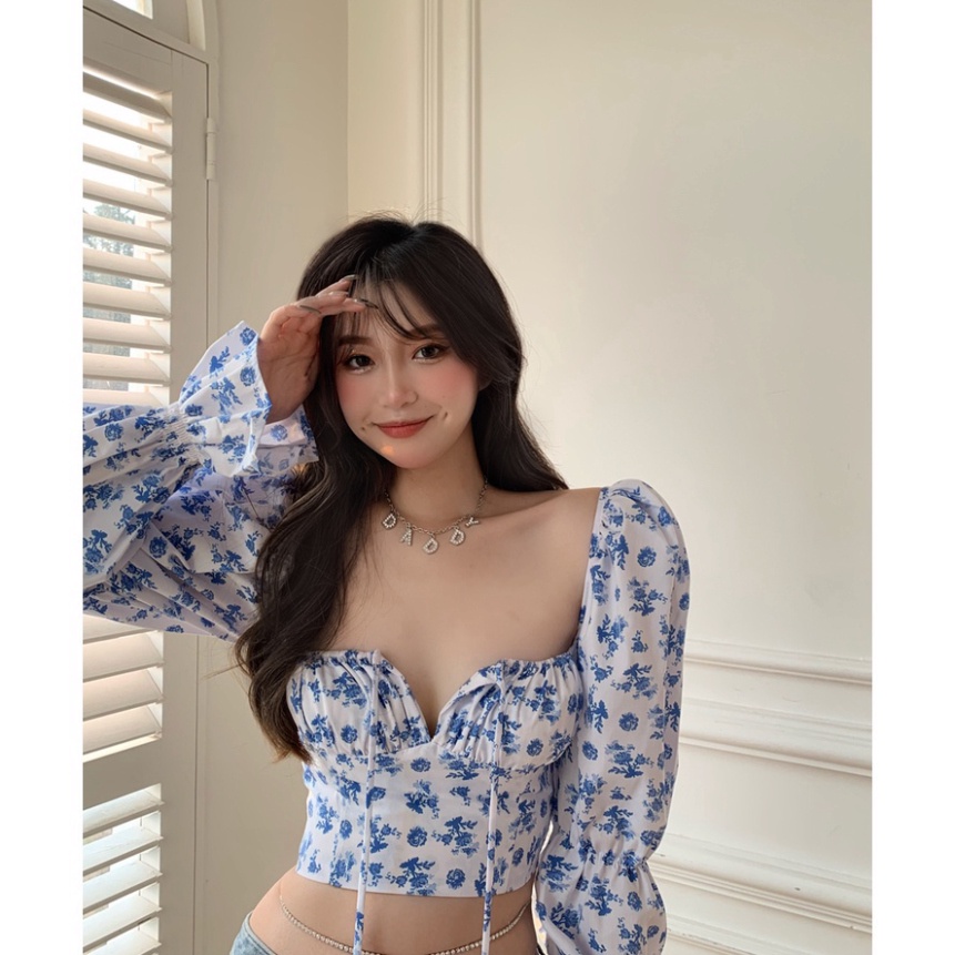 Áo Croptop Tay Phồng Cổ Vuông In Hoa Thời Trang Quyến Rũ Cho Nữ