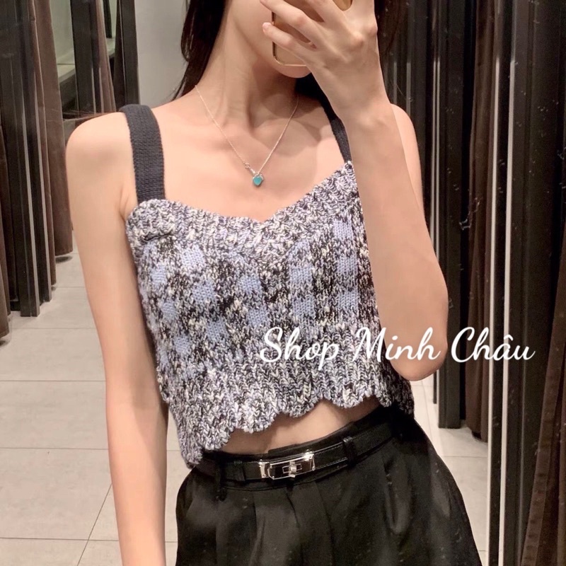 (Nguyên set) Set áo len kẻ xanh đính đá Zarraaa