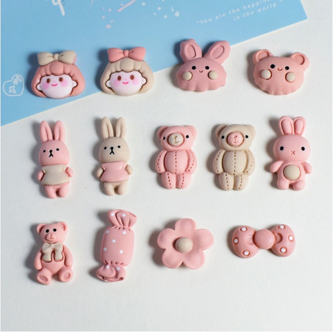Charm gấu và thỏ line màu hồng và nâu coffee nhạt cho các bạn trang trí slime, kẹp tóc, vỏ ốp điện thoại, DIY