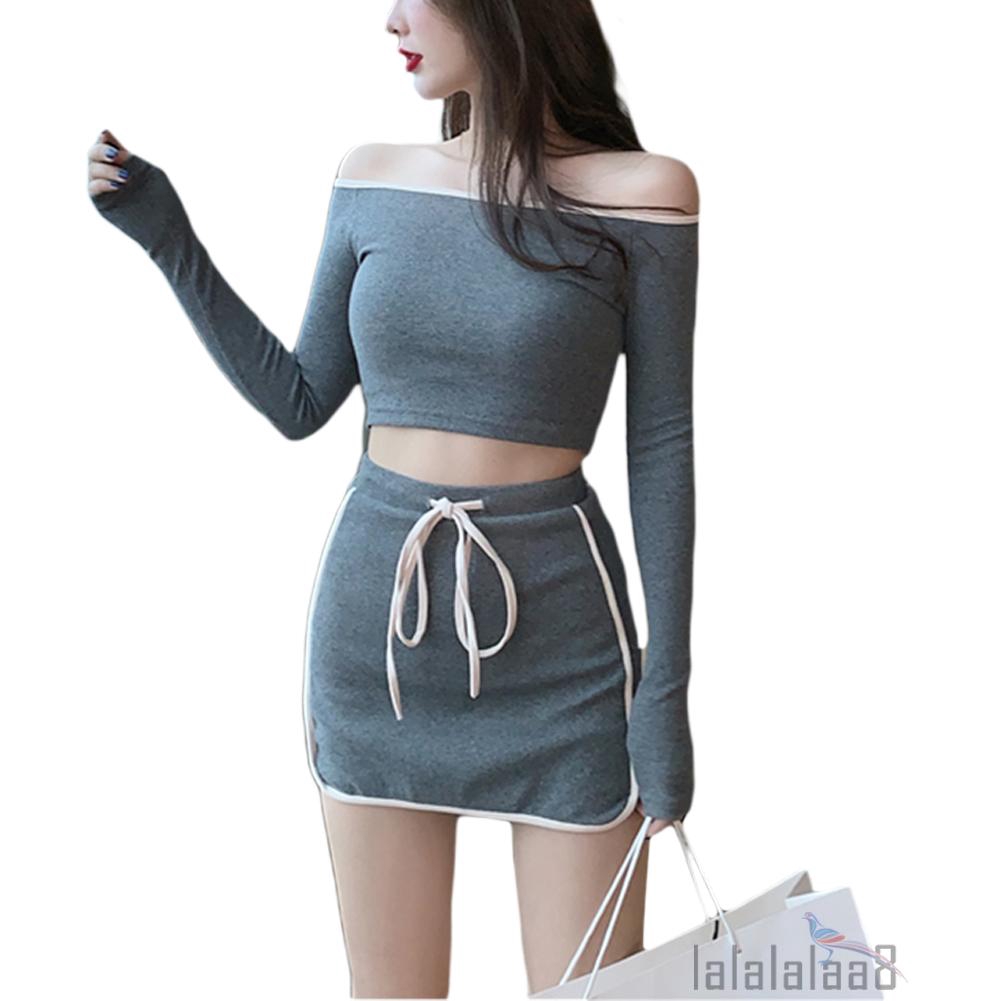 Set Áo Croptop Trễ Vai+Chân Váy Thể Thao Dành Cho Nữ