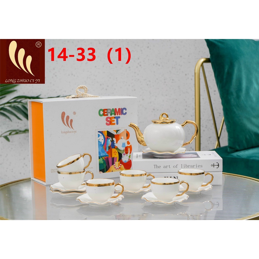 Bộ ấm chén pha trà kèm đĩa lót chén mà trắng viền vàng, hàng đẹp