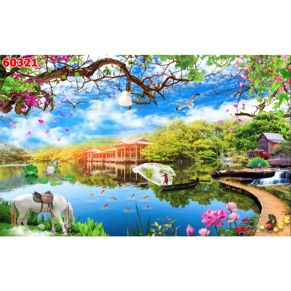 Tranh 3D phong cảnh thác nước chảy, sông suối nên thơ