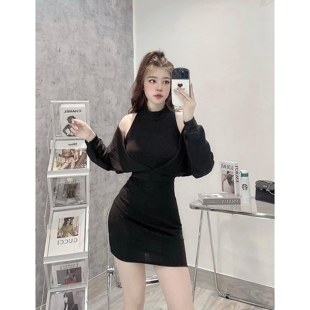 Set váy tăm nhung 2 món cổ 3 phân sexy