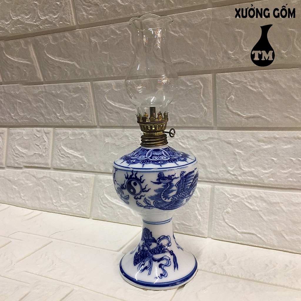 Đèn Thờ Dầu Men Xanh Lam Vẽ Rồng Xưởng Gốm TM