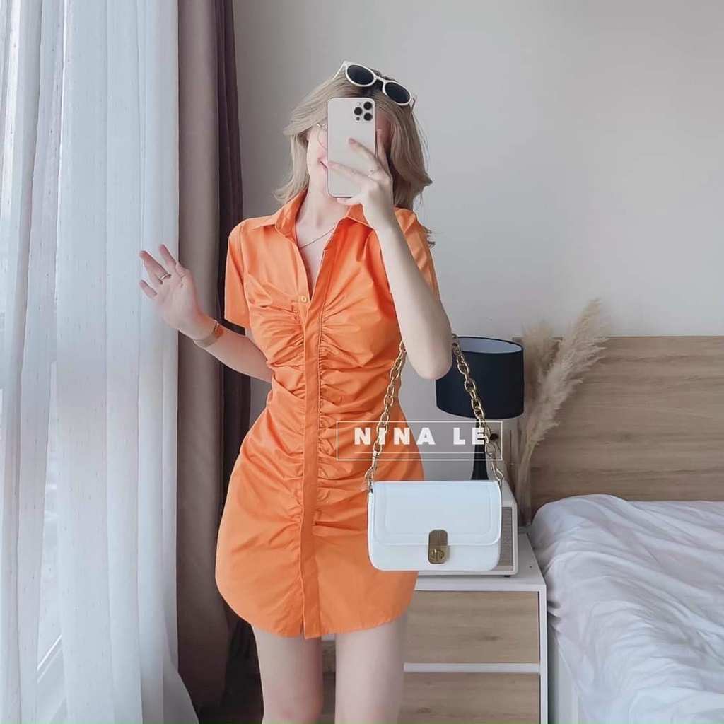 FREESHIP Đầm Cổ Sơ mi Nhún Cài Nút Thật Chất lụa mềm Cao Cấp thiết kế gợi cảm quyến rũ KDS