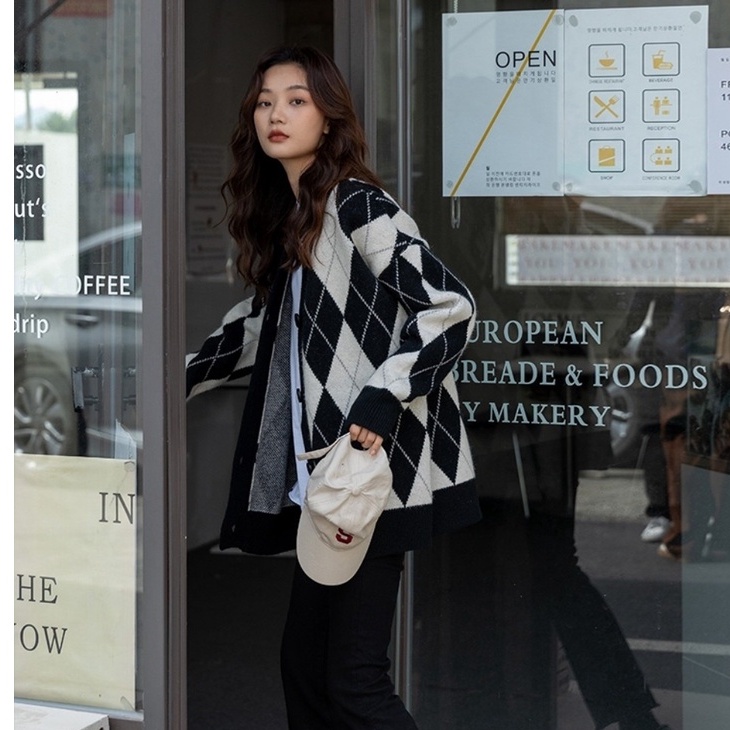 Áo khoác len cardigan kiểu nữ họa tiết kim cương caro siêu xinh ấm áp dầy dặn GEN J CDG Caro