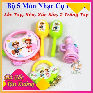 Bộ 5 món Đồ Chơi LỤC LẠC, XÚC XẮC cho bé Lắc Tay, Kèn, Xúc Xắc, Trống Tay giúp bé tập Cầm Nắm, Nhận Biết Màu Sắc