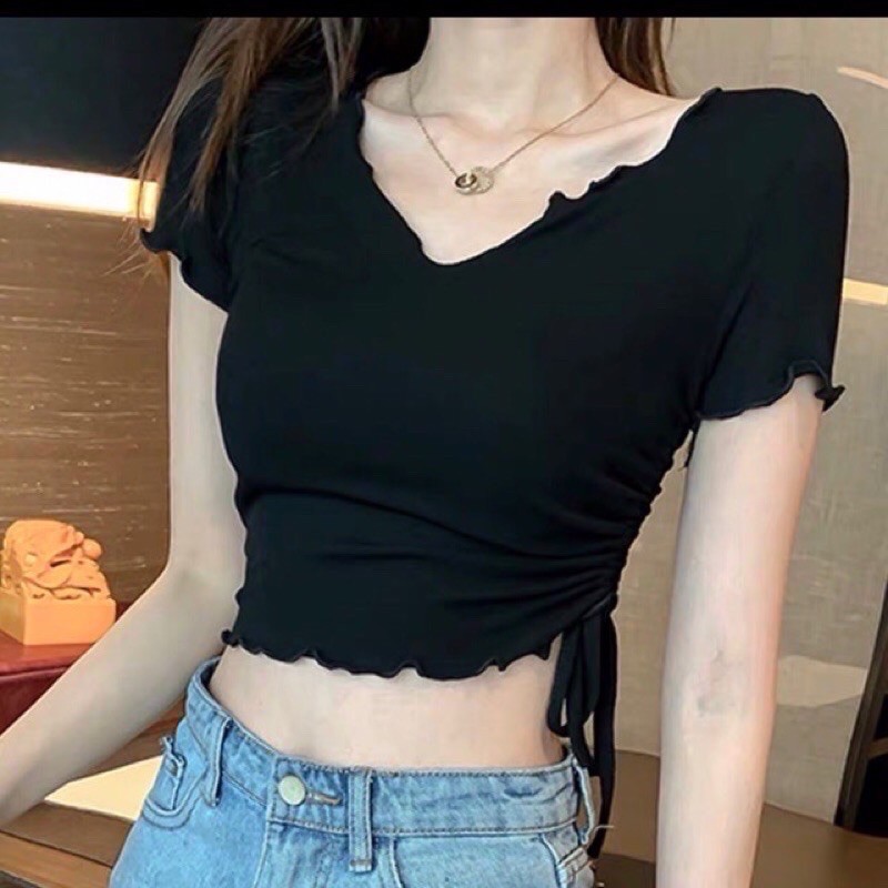 ÁO CROPTOP TAY NGĂN GÂN ÔM BODY CỔ V CUỐN BIÊN