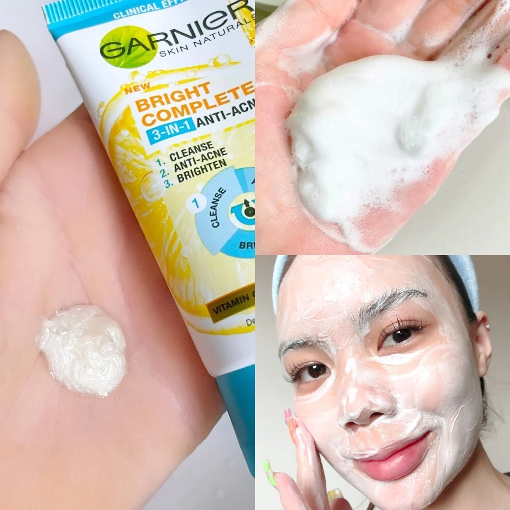 Sữa Rửa Mặt 3 Trong 1 Giảm Mụn, Dưỡng Sáng Da Garnier Bright Complete 3-in-1 Anti-Acne Foam 100ml