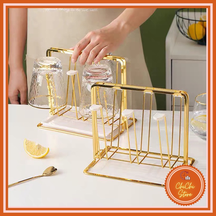 Khay úp cốc mạ vàng kèm khay hứng nước thiết kế hiện đại sang trọng,Giá úp cốc chén 6 móc tiện lợi_CC888
