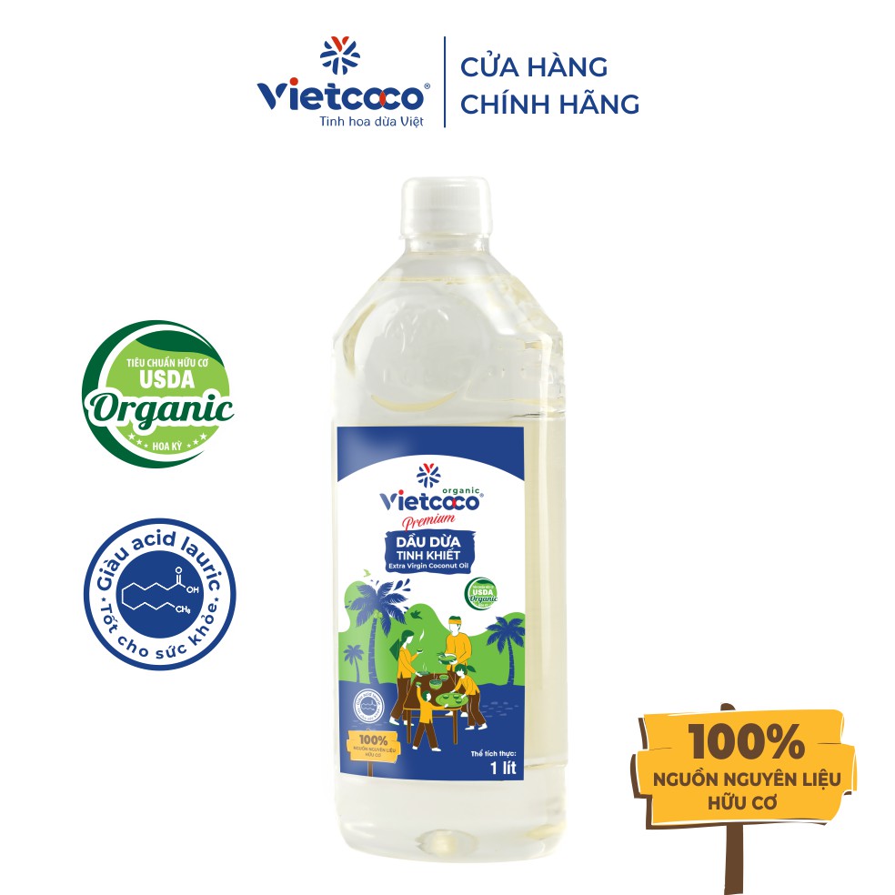 Dầu Dừa Nguyên Chất Organic - Tinh Khiết Vietcoco : chai pet 1 lít- 500ml